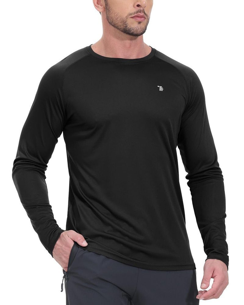 TBMPOY Men's Hiking Shirts Waterproof Dry Fit Athletic T-Shirts SPF Long Sleeve Safari Shirts Outdoor Work Swim Fishing Tops Black L