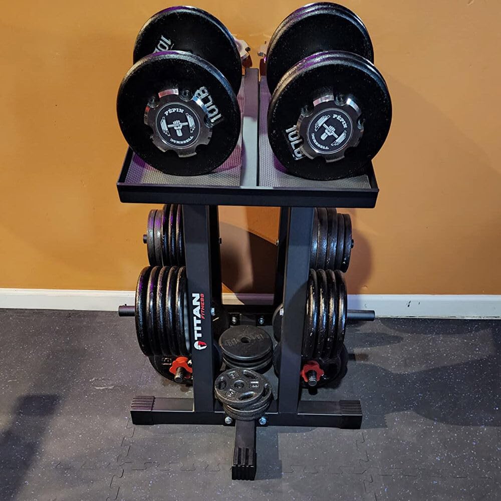 Titan Fitness Dumbbell Stand and Plate Tree, 260 LB Capacity, Organize Classic Dumbbells, Power Blocks, Loose Plates, Home Gym Storage Rack