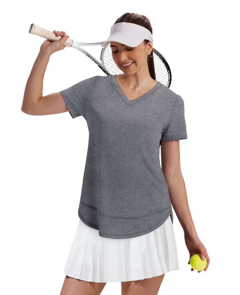 Workout Tops for Women Spring Summer Short Sleeve Golf Outfits Gym Essentials Activewear Running Shirts V Neck Grey S