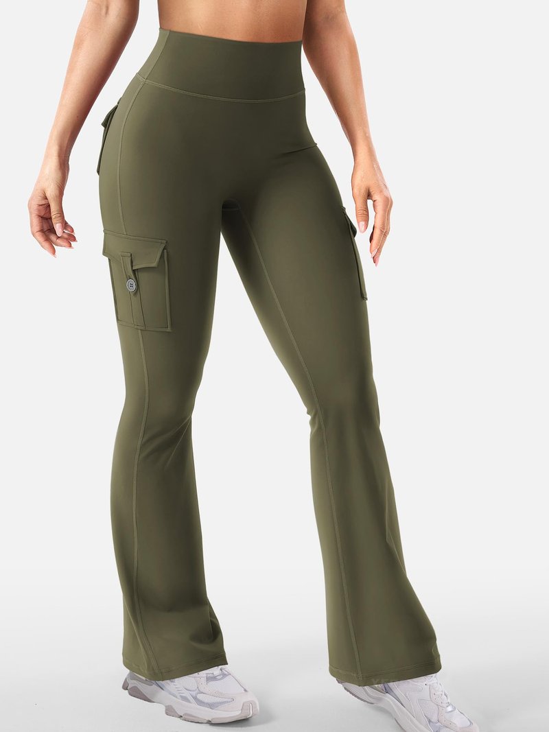 YEOREO CoreFlex Women Workout Flare Leggings with Pockets Hidden Scrunch High Waisted Cargo Gym Yoga No Front Seam Leggings Army Green XXL