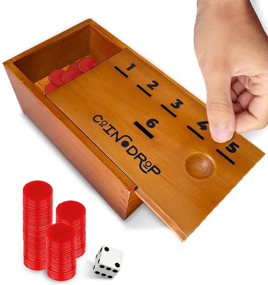 SWOOC Games - Coin Drop™ | Simple + Strategic Dice Games for Families with Coins Included for 2-6 Players | Works W/Pennies Too | Get Rid of Coins to Win | Board Games for Kids | Penny Game Wood Box
