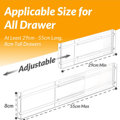 Hormes Drawer Dividers, 9 Pack Adjustable Clear Drawer Organisers, Expandable 29–55cm and 8cm High Drawers Separators for Bedroom Clothing, Kitchen Utensils, Bathroom & Office Organization and Storage