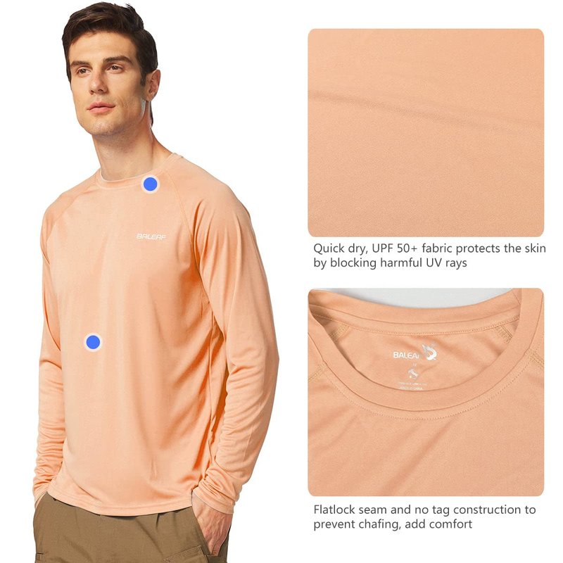 baleaf Mens UPF 50+ Sun Protection Shirts Long Sleeve Rash Guard, Quick Dry 4-Way Stretch for Fishing Swimming Surfing 01-Light Pink 3XL