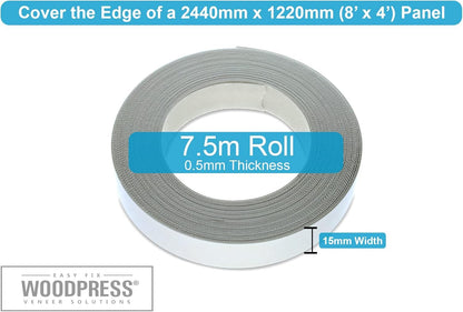 WoodPress® 15mm Matt White Melamine Edging, Pre-Glued Veneer Tape – 7.5m Roll - Iron-On for Easy DIY Application – Will Cover the Edge of a Standard MDF Panel