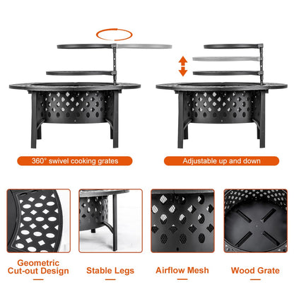 OutVue 36 Inch Fire Pit with 2 Grills, Wood Burning Fire Pits for Outside with Lid, Poker and Round Waterproof Cover, BBQ& Outdoor Firepit & Round Metal Table 3 in 1 for Patio, Picnic, Party