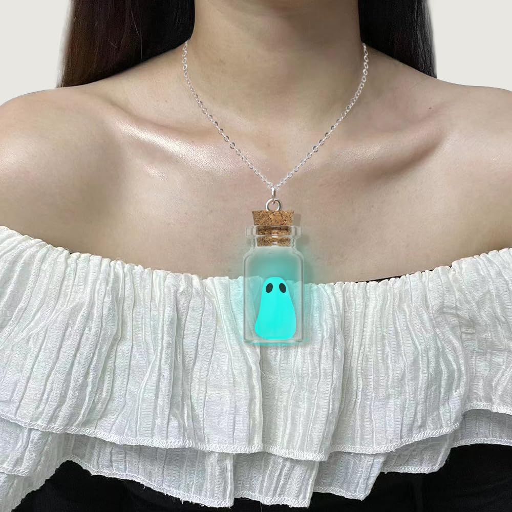 TKHLT Ghost Necklace, (Blue) The Adopt A Ghost in A Bottle Pendant Necklace Halloween Jewelry for Women and Men