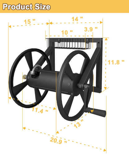 Artigarden Triangle Wall Mounted Garden Hose Reel, Outdoor Heavy-Duty Water Hoses Holder Winder, Holds 125 Ft of 5/8-Inch Hose, with 3.9 ft Leader Hose, Brass Fitting, Storage Basket for Yard, Black
