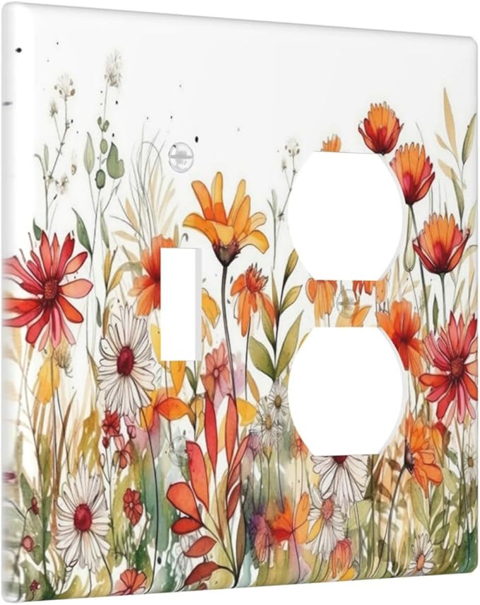 Decorative Light Switch Cover Plate Watercolor Wild Flower Floral 2 Gang Outlet Covers 1 Toggle 1 Duplex Wall Plate Decorate Electrical Switch Plate Covers for Bathroom Home Decor