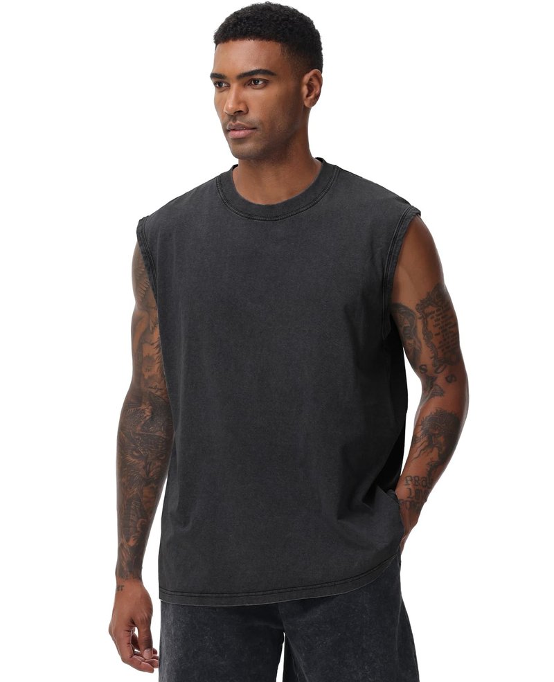 SnowElve 3 Pack Mens Workout Tank Tops Sleeveless Tee Shirts Men Muscle Shirt Gym Acid Wash T Shirts Running Beach Loose Fit Tee(BKAGAC,L)