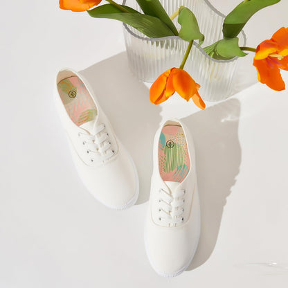 Womens Classic White Sneakers,Low Top White Canvas Shoes,Lightweight Casual Canvas Sneakers(White Flower.US8)