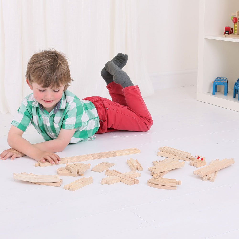 Bigjigs Rail Low Level Train Track Expansion Pack | 25 Wooden Pieces to Add on Starter Railway Set | Toy Trainset Includes Accessories, Connectors for Extension | Educational Gift for Kids ages 3+