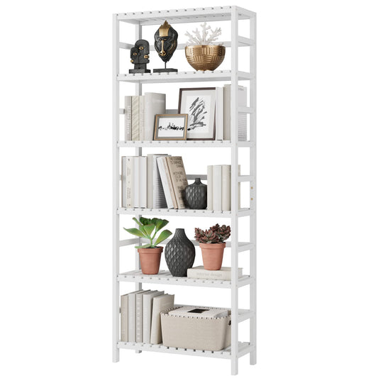 Bamjoy Bamboo Shelf, 6 Tier Bookcase Storage Shelves, Tall Book Rack Shelving Unit, Multipurpose Storage Display Shelf Adjustable Storage Rack for Bathroom Home Office Living Room Kitchen, White
