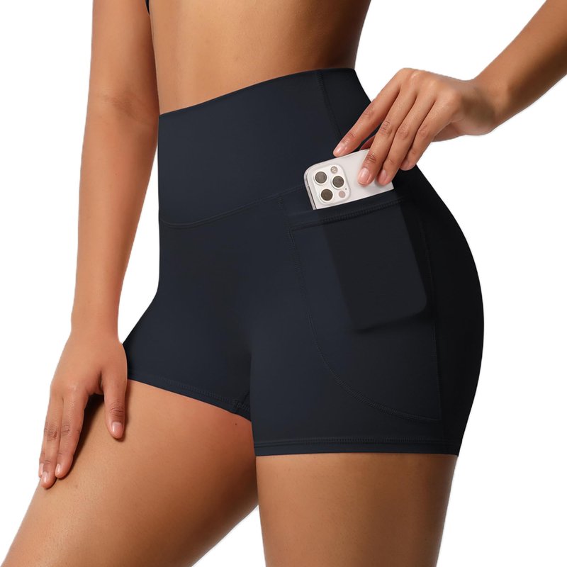JUNMAO Women's High Waisted Yoga Shorts with Pockets - Buttery Soft Tummy Control Leggings, Breathable & Durable for Workout Black