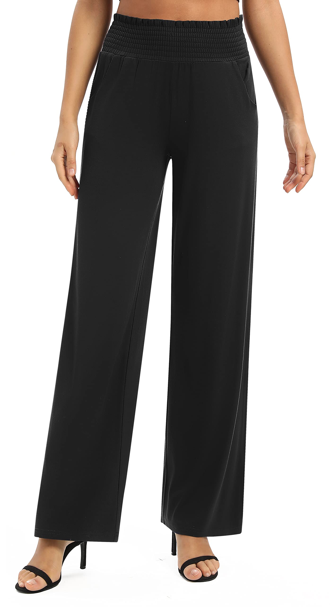 EXCHIC Women's Plain Loose Straight Cut Palazzo Trousers, High Waist, Stretchy Lounge Trousers with Pockets