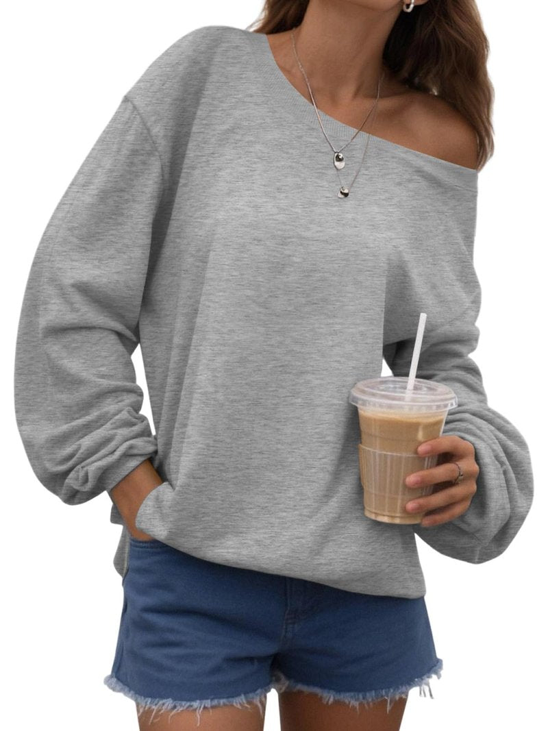 Bellcoco Womens Off the Shoulder Sweatshirt Long Sleeve Loose Pullover Tops Oversized Sweatshirts Trendy Spring Outfits Light Grey M