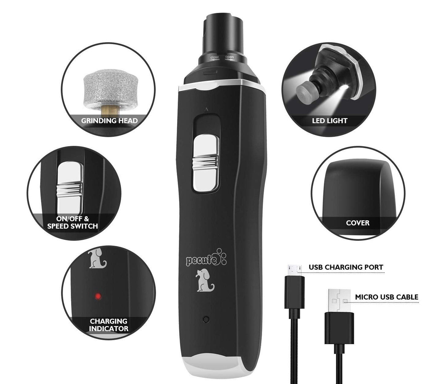pecute Dog Nail Grinders with LED Light, 50 DB Low Noise Electric Pet Nail File Grinder, 2 Speeds Safe Smooth Grinding, 2 Hours Quick Charge, Strong Motor Great for Small to Large Pets(Black)