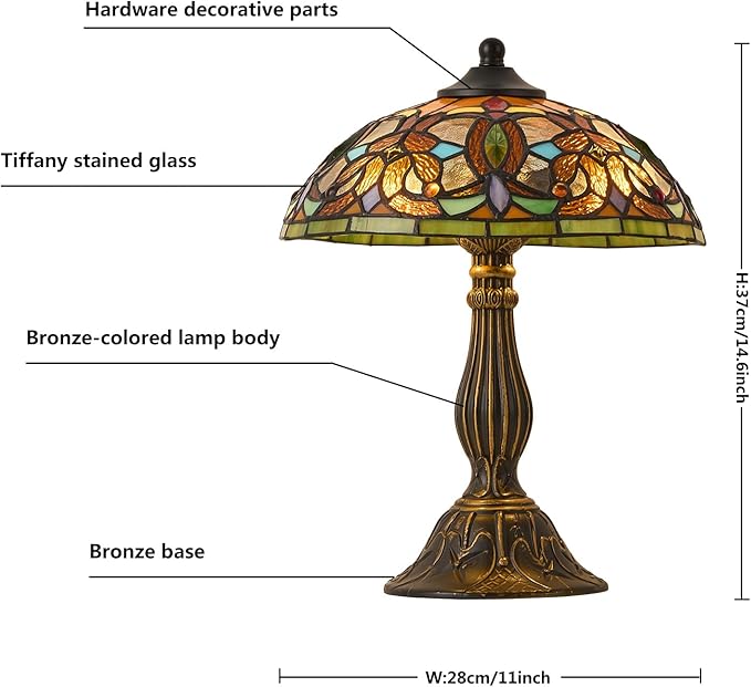 Tiffany Style Table Lamp, 12 Inch Stained Glass Lamp, Antique Table Lamp, Bedside Lamp, for Nightstand Bedroom Living Room Home Office, Include LED Bulb