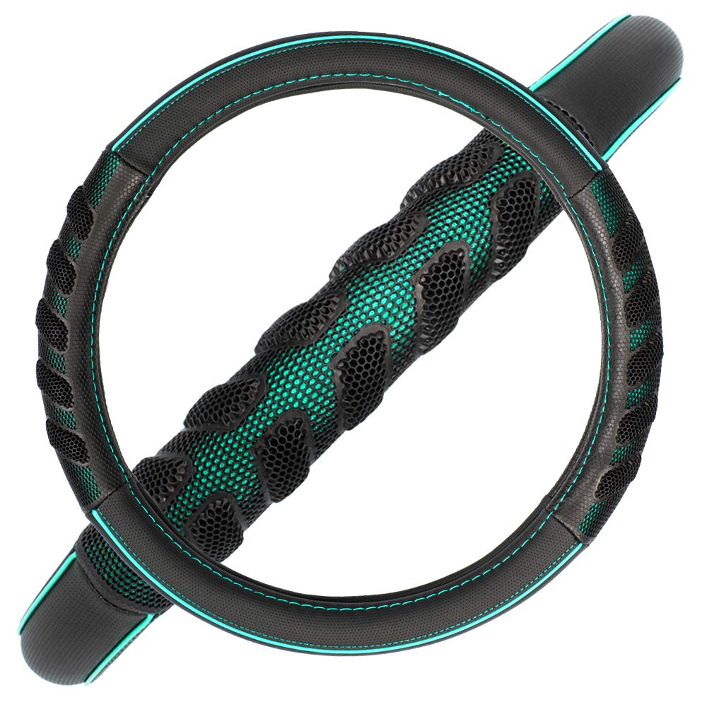 Flying Banner car Steering Wheel Cover Faux Leather Massage Universal fit 3D Honeycomb Hole Anti-Slip Sporty 15 Inches (Mint Green Black)