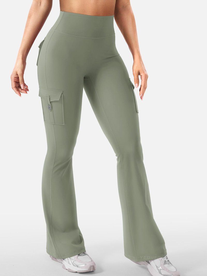 YEOREO CoreFlex Women Workout Flare Leggings with Pockets Hidden Scrunch High Waisted Cargo Gym Yoga Leggings Light Army Green XL