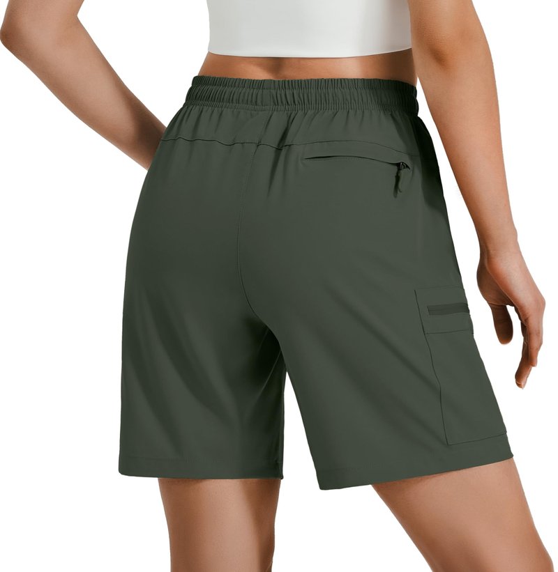 Hugut Women's Lightweight Hiking Cargo Shorts Quick Dry Athletic Shorts Camping Travel Golf Zipper Pockets Water Resistant Army Green