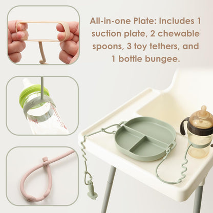 Andy Bear Silicone Plates for Babies with Suction Divided Baby Spoons Silicone Baby Toy Straps All-in-one Plates Silicone Placemat for Babies Toddlers Attachable Tethers & Built-in Suction Cups-Sage