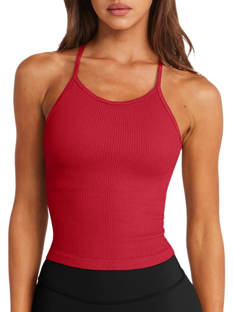 LASLULU Red Tank Tops for Women 2026 Built in Bra Racerback Seamless Ribbed Workout Sports Bra Pilates Dance Gym Tops Sexy Casual Fall Fashion Outfits(Red Small)