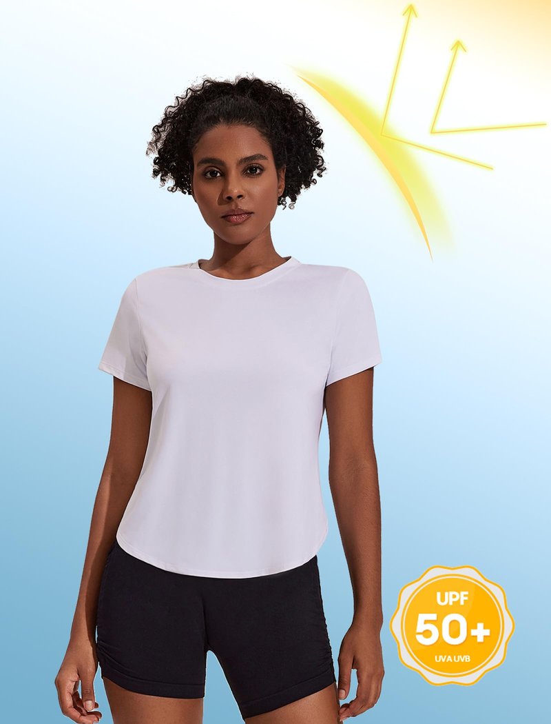 PINSPARK Womens Short Sleeve Workout Tops Sun Protection Running Shirt Side Split Athletic Tops Loose Workout Tshirts White L