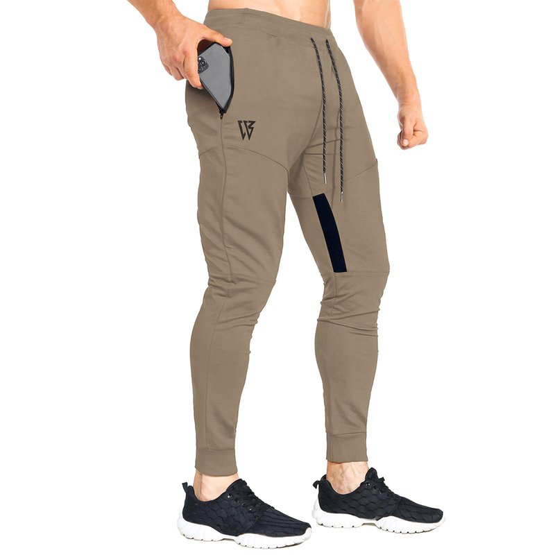 ZENWILL Mens Tapered Workout Running Pants,Gym Jogger Training Sweatpants Slim Fit with Zip Pockets (Medium, Beige)