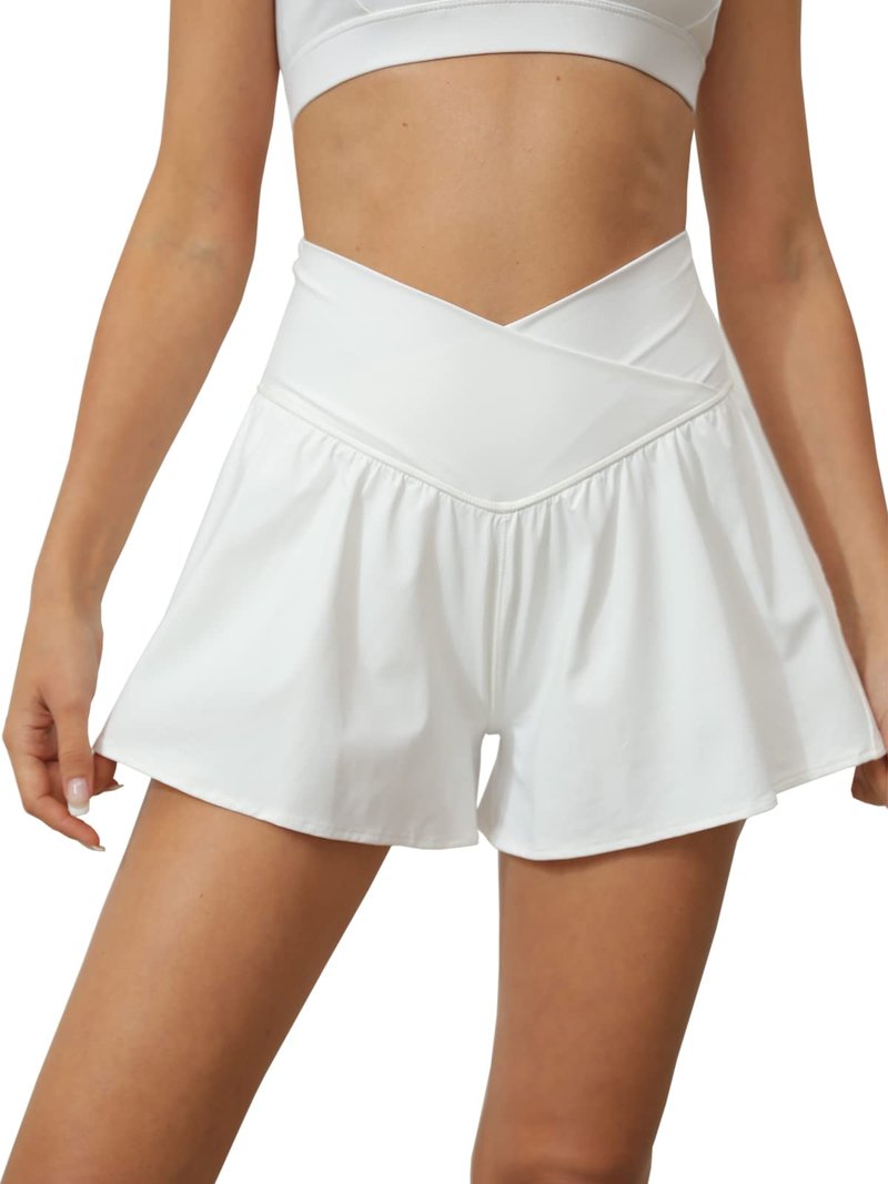 Tongmingyun Women Crossover Shorts Flowy Athletic Butterfly 2 in 1 Shorts with Pocket High Waist Running Workout Skorts White