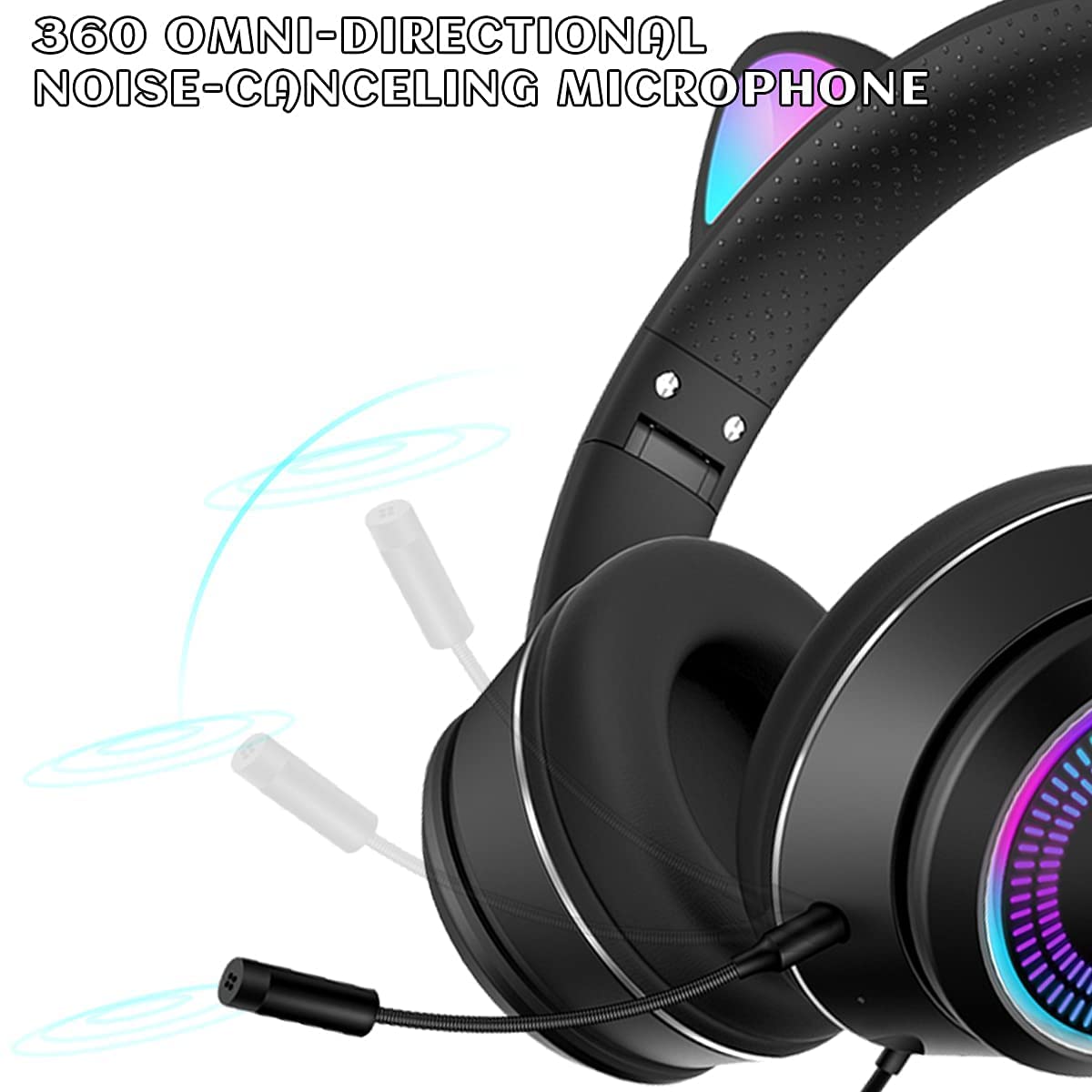 Cat Ear Gaming Headphones Wired AUX 3.5mm with LED Light, VIGROS Flashing Stereo Game Headphones Surround Sound Over-Ear Headsets with Microphone Fit Kids & Adult for PC, PS4, Switch, Mobile, Laptop