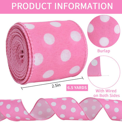 TONIFUL 2.5 Inch Wired Edge Ribbon, Baby Pink Polka Dots Burlap Ribbon, Summer Spring Wired Ribbon, for Gift Wrapping, Wreath Bows Making, Crafts Home Decoration, Easter Decor（Baby Pink，6yds）