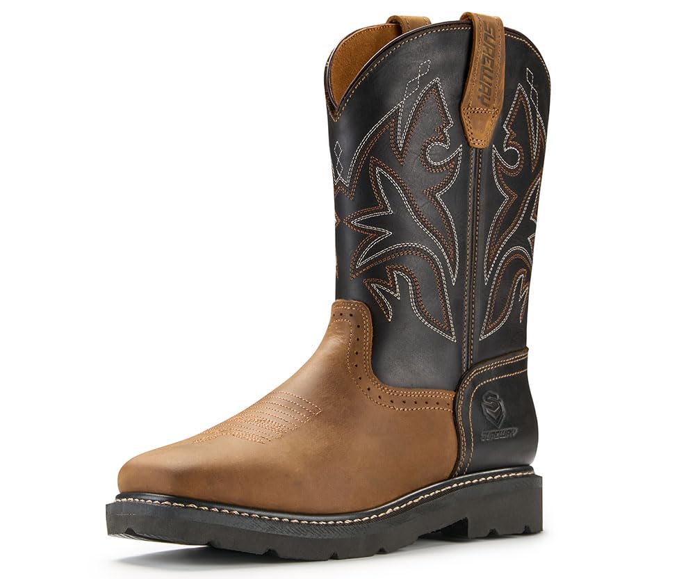 SUREWAY Western Boots - Men’s Square Toe Work Boot,Pull On Leather Wellington Boots,Durable Classic Slip Resistant Soft Toe Cowboy Boot