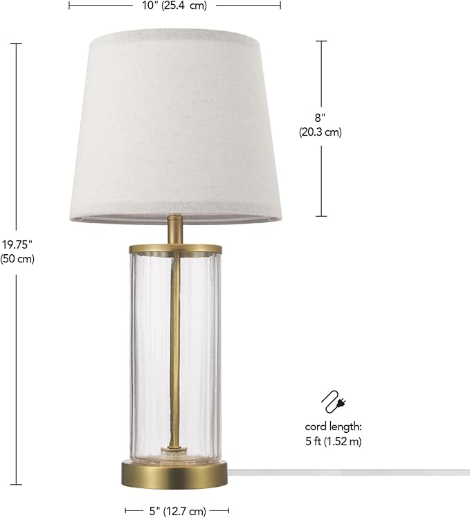 GLOBE Electric 61000063 20" Fillable Ribbed Glass Table Lamp, Matte Brass Accents, Beige Linen Shade, On/Off Rotary Switch on Socket, for Living Room, Bedroom, Office, Home Décor