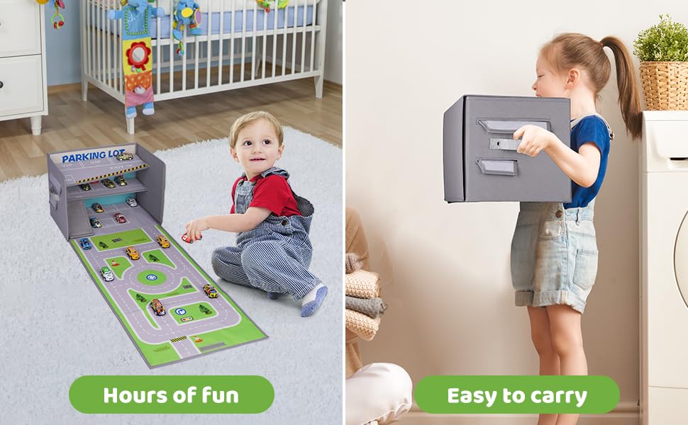 Livememory Toy Car Storage Box - Toy Garage Box for Boys with Car Rug Play Mat (Not Included Cars)