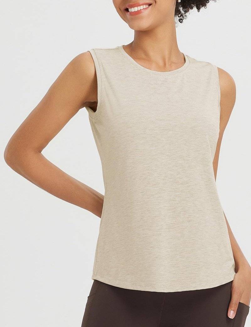 baleaf Yoga Tops for Women High Neck Open Back Workout Tank Tops Sleeveless Shirts Loose Fit Athletic Gym Heather Khaki L