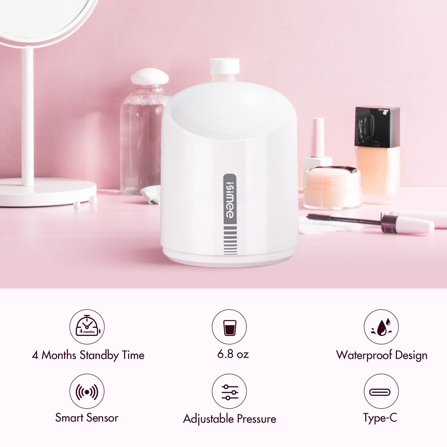 ISIMEE Automatic Makeup Remover Dispenser, Electric Micellar Water Dispenser, 6.8OZ Smart Cleansing Water Dispenser, Type-C Charger 4 Months Battery Life for Liquid Oil Facial Toner White 3.5''x4.3''