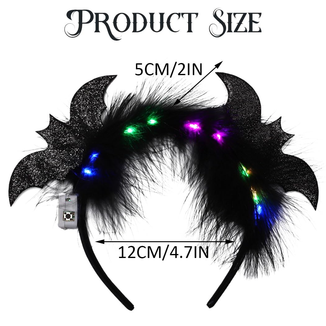 CAKURE Light Up Halloween Headband Led Black Feather Headpiece Glowing Bats Hairbands Nightclub Festivel Party Headwear Rave Hair Accessories