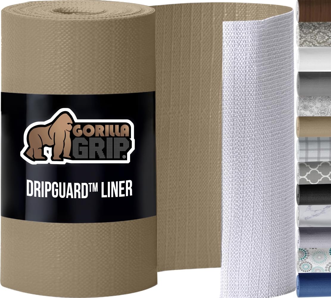 GORILLA GRIP DripGuard Drawer and Shelf Liner for Cabinet, Slip Resistant Non Adhesive Protection for Kitchen, BPA Free Smooth Surface Plastic Liners for Cabinets Bathroom Drawers, 17.5x120 Inch Beige