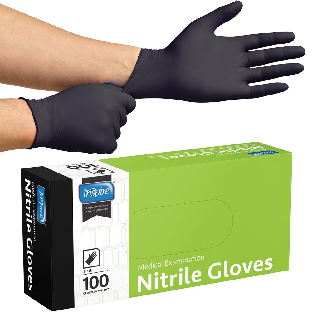 Inspire Black Nitrile Disposable Gloves | 4.5 Nitrile Chemical Resistant Medical Cooking Cleaning Disposable Black Gloves (Box Of 100, Medium)