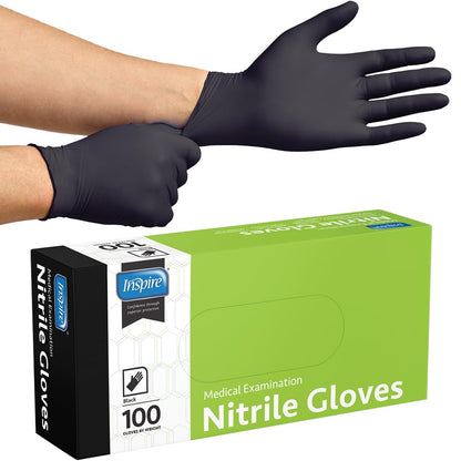 Inspire Black Nitrile Disposable Gloves | 4.5 Nitrile Chemical Resistant Medical Cooking Cleaning Disposable Black Gloves (Box Of 100, Medium)