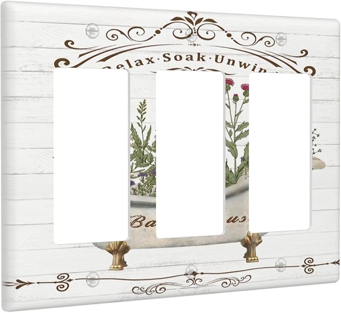 Rustic Farmhouse Wooden Board Botanical Flower Triple Rocker/Decora Wall Plate 3 Gang Light Switch Outlet Cover Plate Decorative Switchplate Electrical GFCI Faceplate for Kitchen Bathroom Decor
