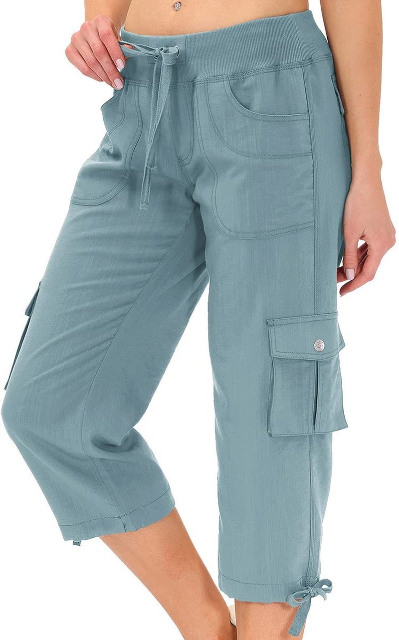 MoFiz Womens Capris with Pockets Loose Fit Casual Capri Pants Dressy Lightweight Ladies Baggy Cargo Pants for Hiking Grey Blue 3XL