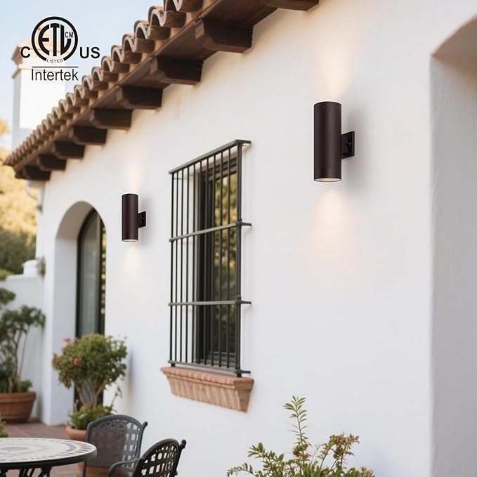mirrea 14" Modern Outdoor Porch Light Patio Light in 2 Lights with Aluminum Cylinder and Tempered Glass Cover Waterproof Wall Sconce 2 Pack (Oil Rubbed Bronze)