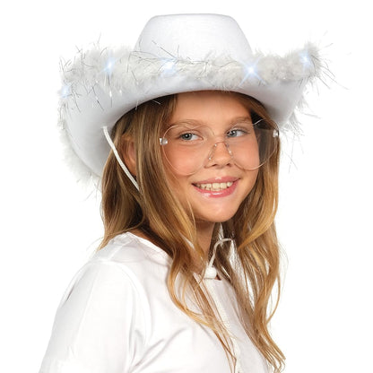Funcredible White Cowboy Hat and Glasses - Light Up Cowgirl Hat for Girls - Cowboy Hats with Feathers - Taylor Costume - Halloween Hats for Women