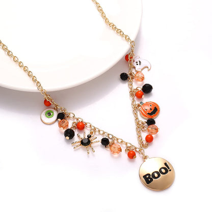 JERTOCLE Halloween Ghost Necklace Crystal Beaded BOO Pumpkin Pendant Choker Necklace with Pumpkin Drop Earrings Jewelry Set (Gold)