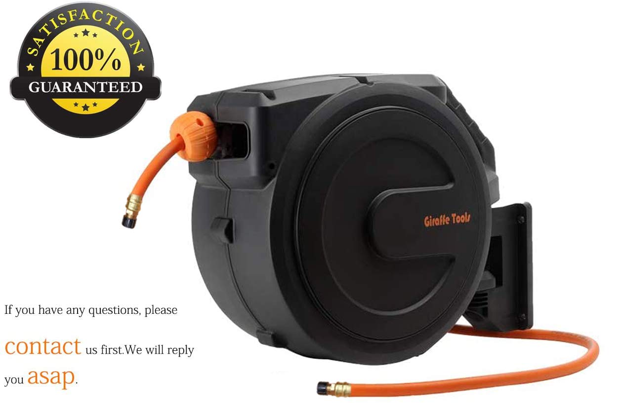 Giraffe Tools Retractable Air Hose Reel Enclosed with 3/8 in. x 50 ft Hybrid Hose, Lightweight Compressor Hose Reel Wall Mounted with 180° Swivel Bracket, 300 PSI