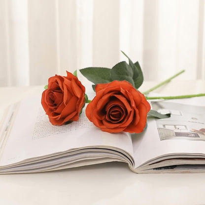 Veryhome 10 Pcs Artificial Roses Silk Flowers Fake Single Stem Rose Bud Bridal Bouqets For Wedding Home Birthday Party Arrangment Garden Decoration (Burnt Orange)
