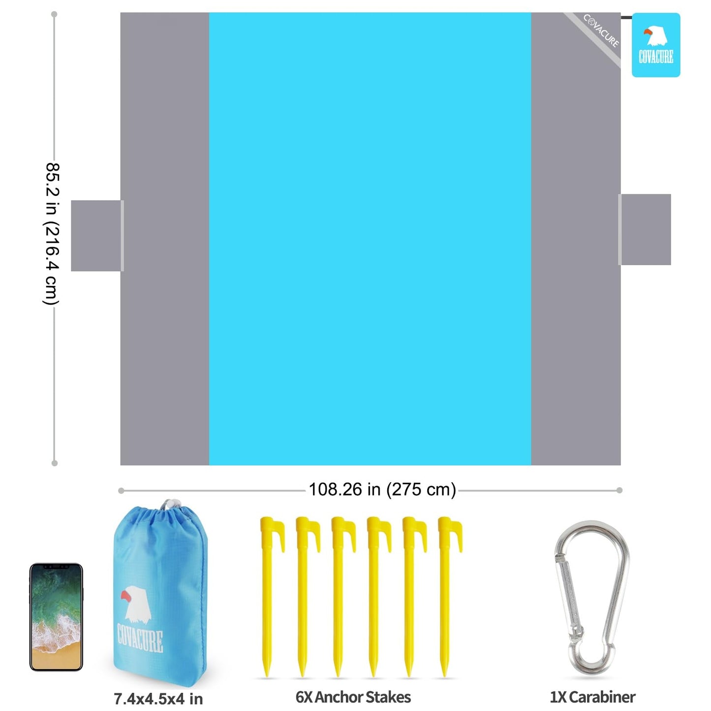 covacure Extra Large Beach Blanket Sandproof Waterproof - 108"x85" for 7-8 Adults, Oversized Portable Beach Mat with Zipper Pockets, Lightweight Durable Outdoor Accessories for Beach, Camping, Travel