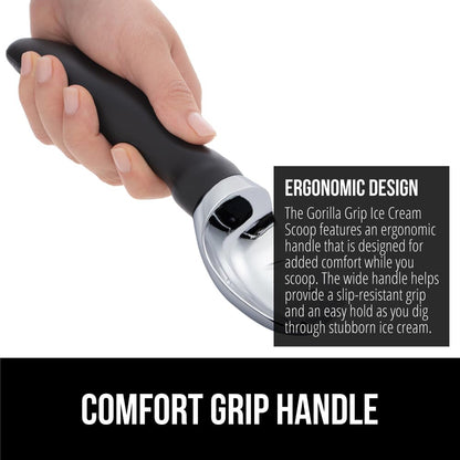 GORILLA GRIP BPA-Free Heavy Duty Ice Cream Scoop, Comfortable Ergonomic Handle, Professional Grade Scooper for Perfect Round Scoops, Spoon Frozen Hard Gelato, Sorbet, Cookie Dough, Kitchen Tool, Black
