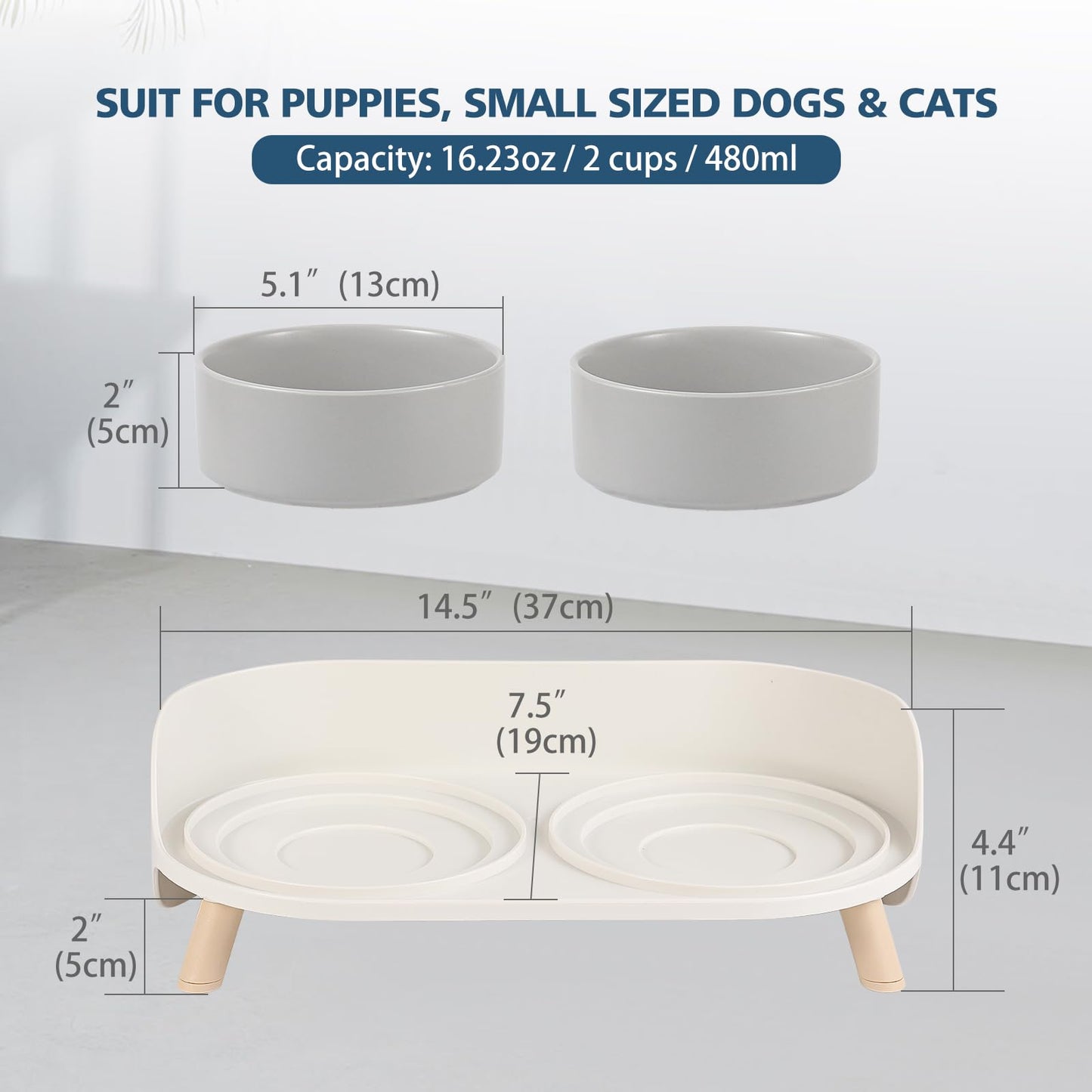 AHX Cat Food Water Bowl Set - Raised Cat Bowls with Non Slip Stand - Elevated Puppy Bowls for Small Dogs - Double Ceramic Cat Feeding Bowls with Splash Proof Guard - Tall Cat Dishes